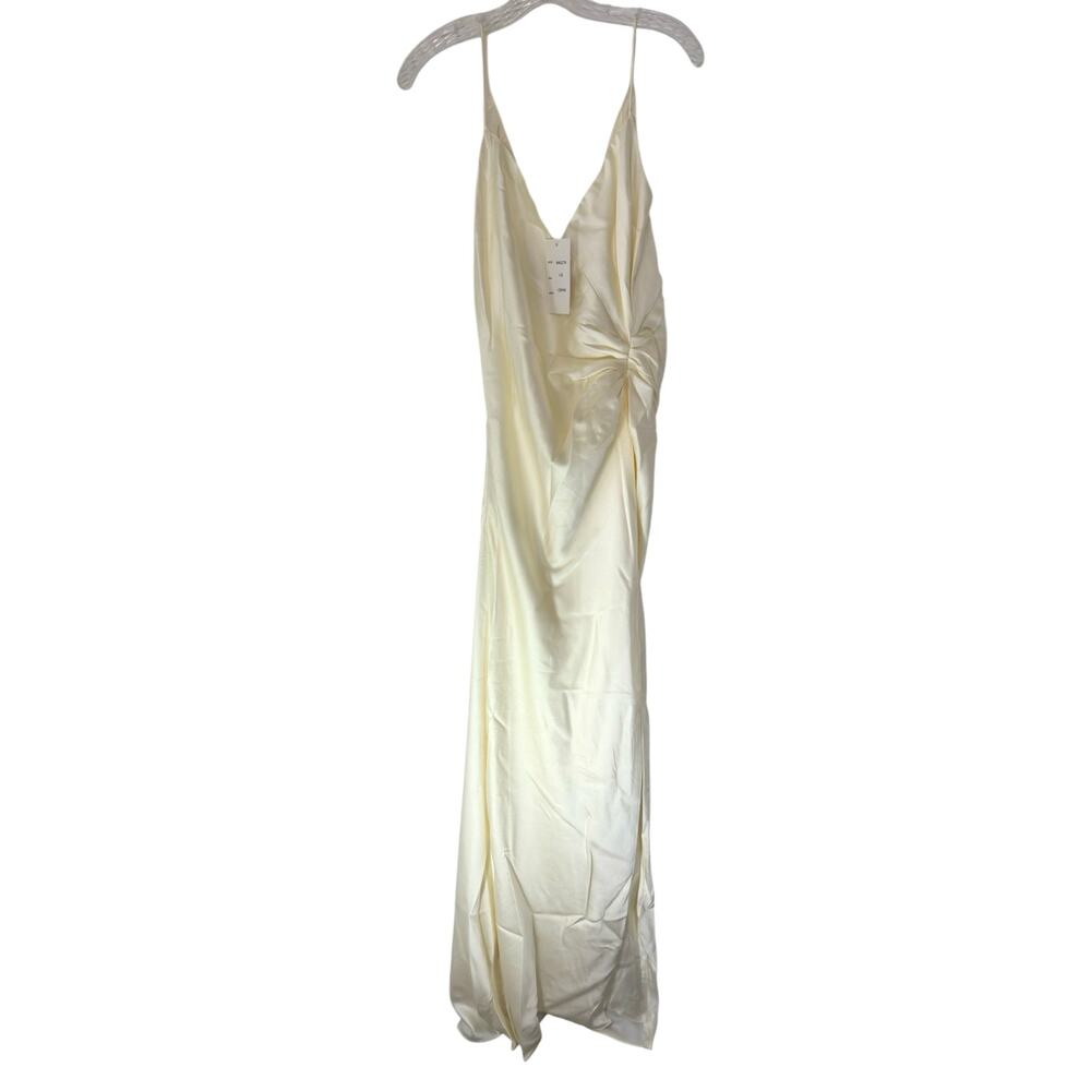 NWT Maniju Cream Spaghetti Strap Satin V-Neck Ruched Formal Maxi‎ Dress Large